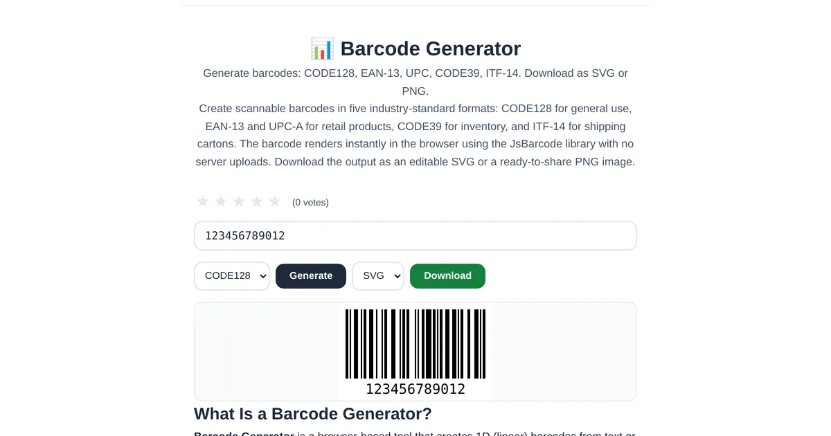 Barcode Generator โ free online tool interface on ToolStand