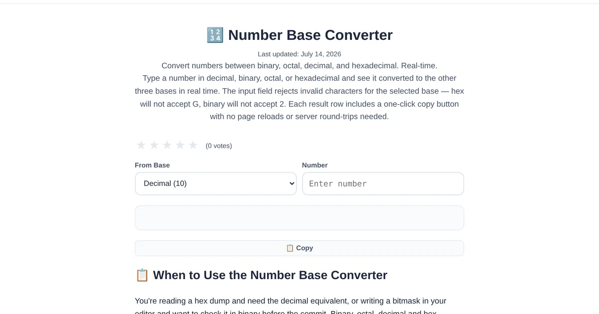 Number Base Converter โ free online tool interface on ToolStand