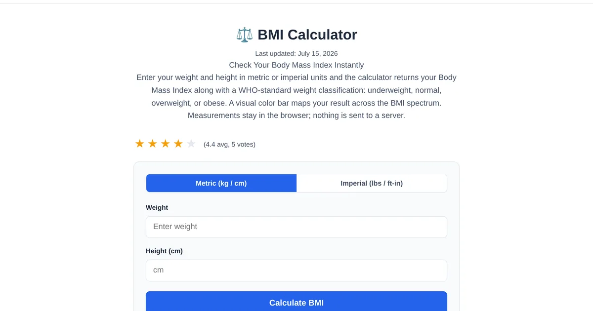 BMI Calculator — free online tool interface on ToolStand