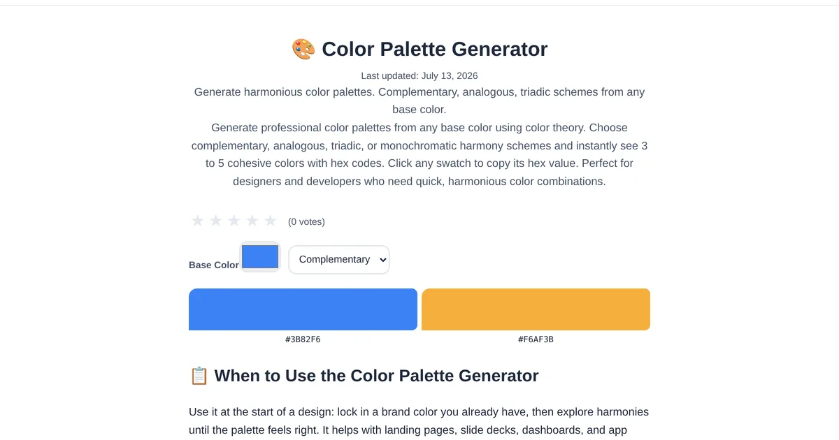 Color Palette Generator โ free online tool interface on ToolStand