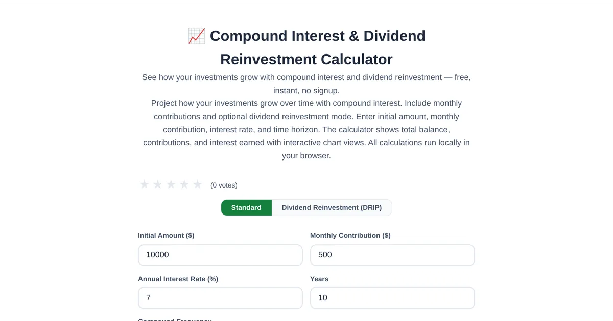 Compound Interest Calculator — free online tool interface on ToolStand