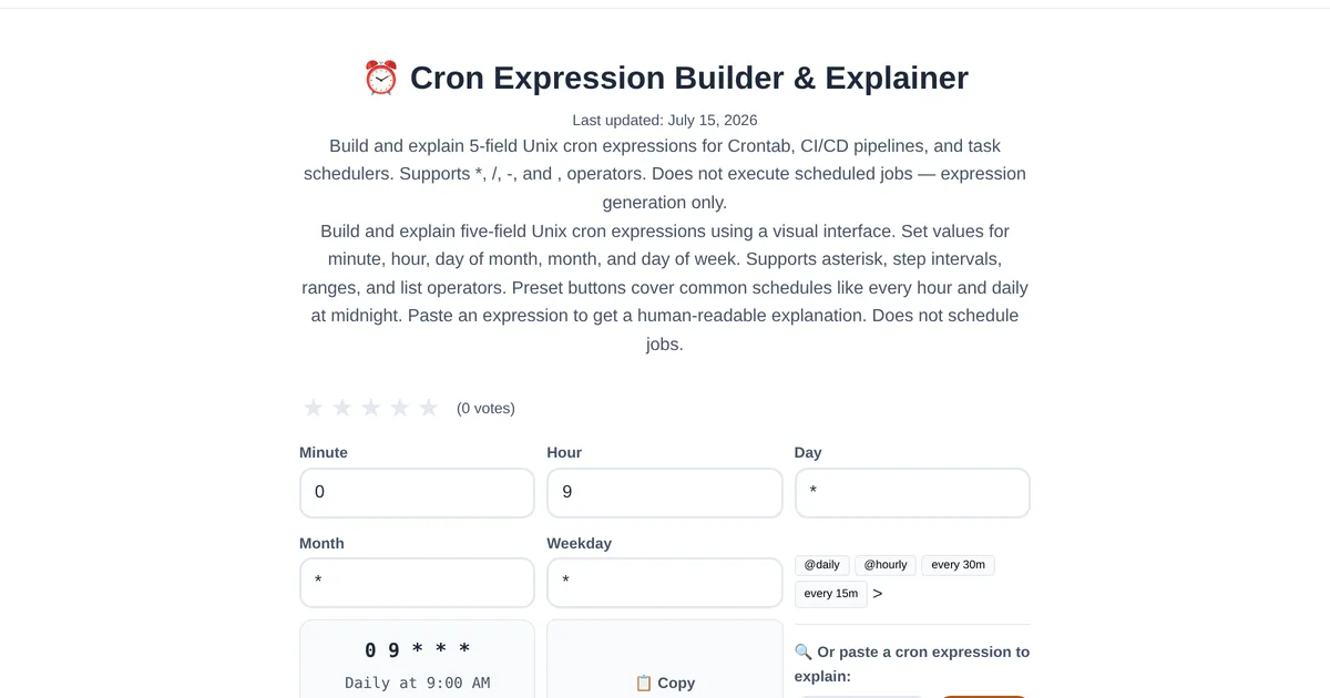 Cron Expression Builder โ free online tool interface on ToolStand