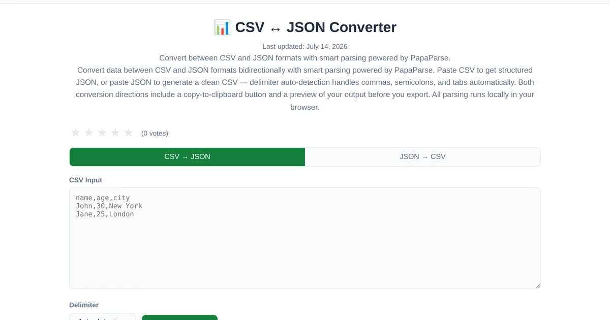 CSV โ JSON Converter โ free online tool interface on ToolStand