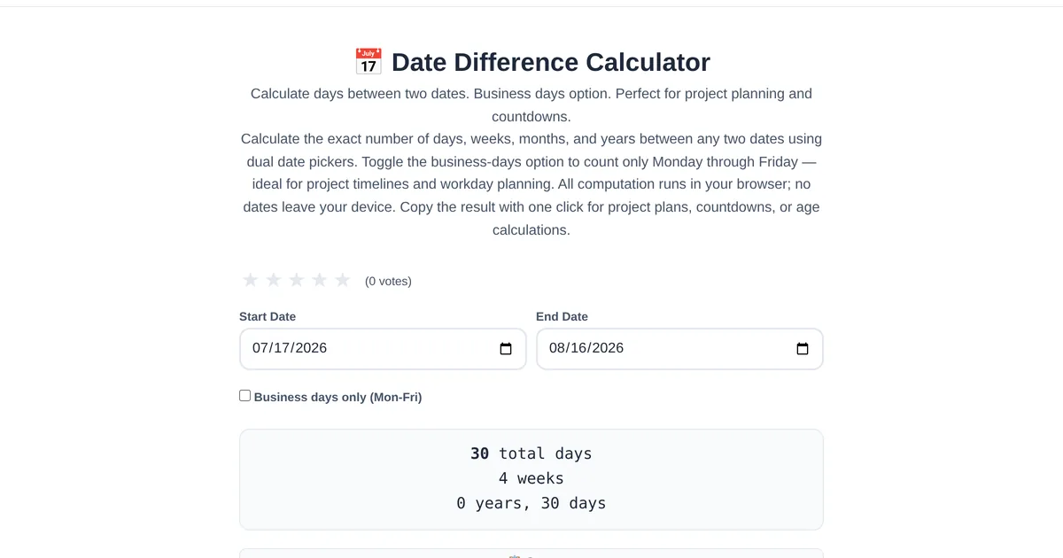 Date Difference Calculator โ free online tool interface on ToolStand