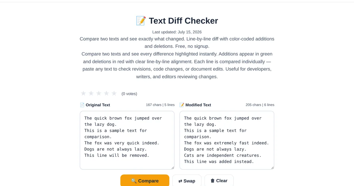 Text Diff Checker — free online tool interface on ToolStand