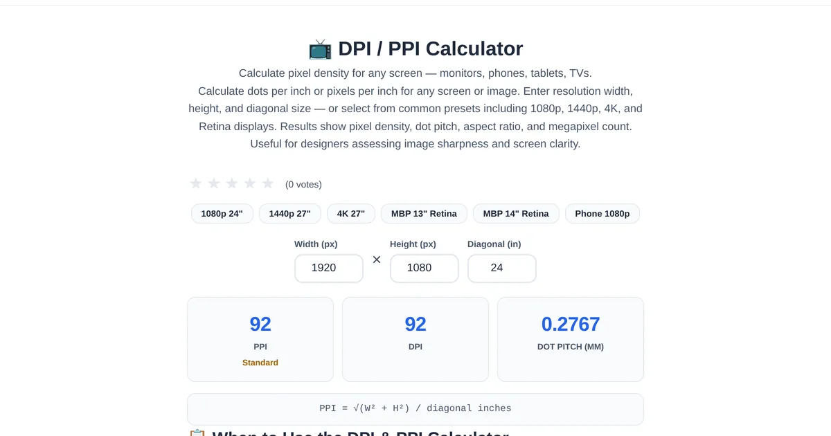 DPI & PPI Calculator — free online tool interface on ToolStand