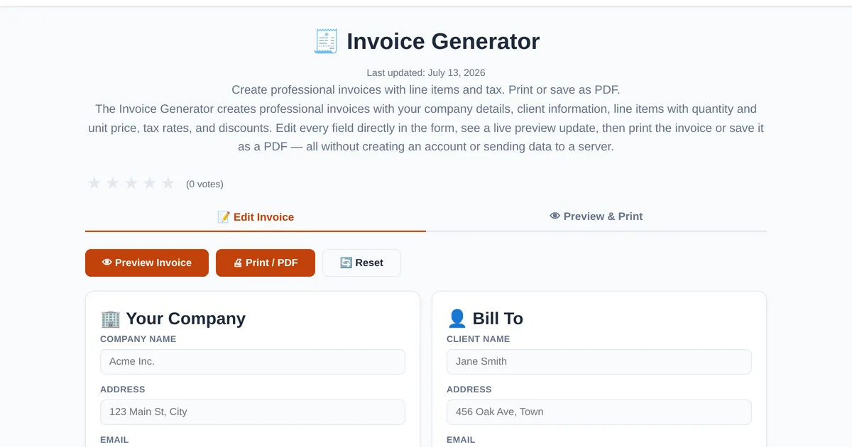 Invoice Generator โ free online tool interface on ToolStand