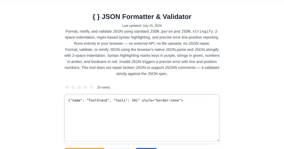 JSON Formatter & Validator โ free online tool interface on ToolStand