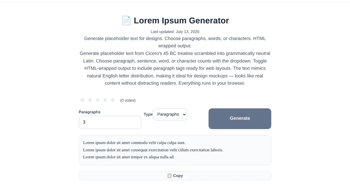 Lorem Ipsum Generator — free online tool interface on ToolStand