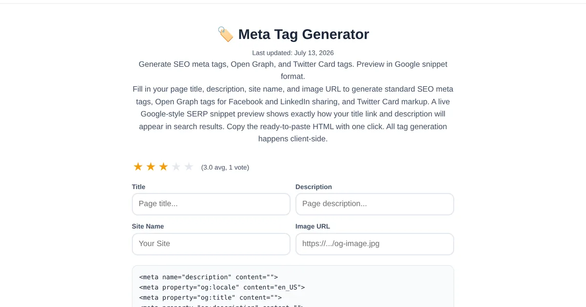 Meta Tag Generator tool interface with title, description and Open Graph fields