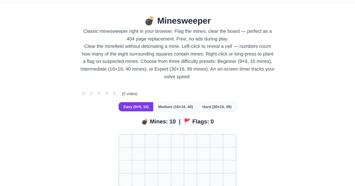 Minesweeper — free online tool interface on ToolStand