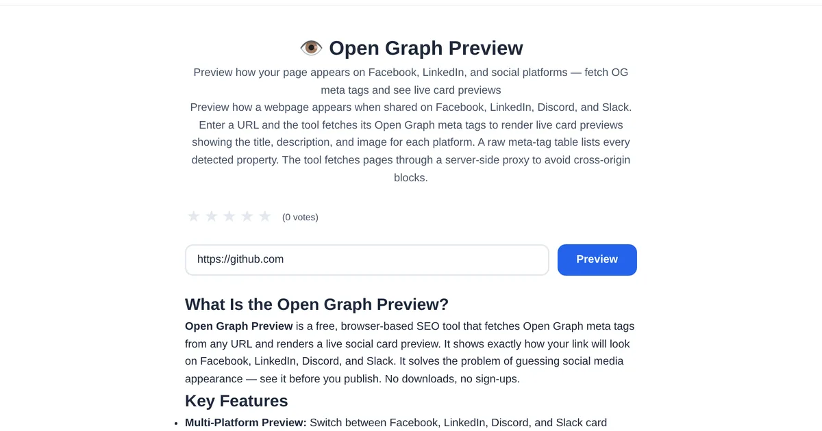 Open Graph Preview — free online tool interface on ToolStand