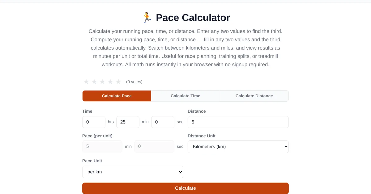 Pace & Running Calculator — free online tool interface on ToolStand