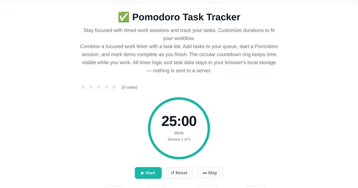 Pomodoro + Task Tracker — free online tool interface on ToolStand