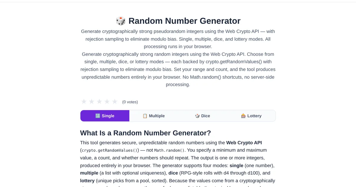 Random Number Generator โ free online tool interface on ToolStand