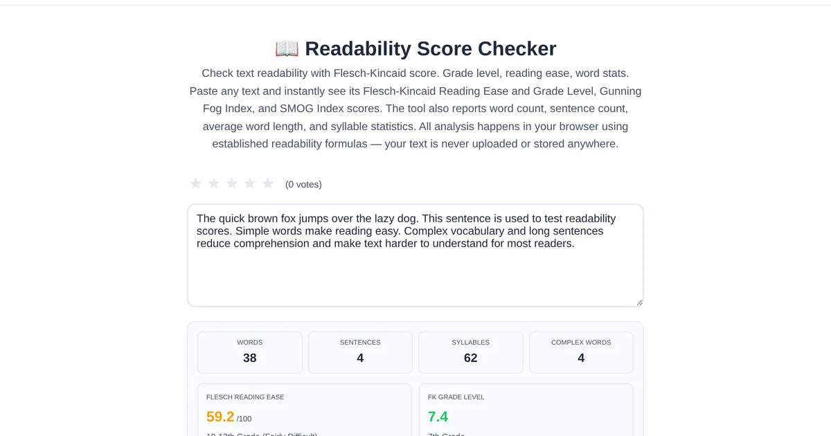 Readability Score Checker β free online tool interface on ToolStand