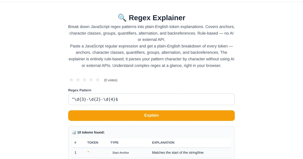 Regex Explainer โ free online tool interface on ToolStand
