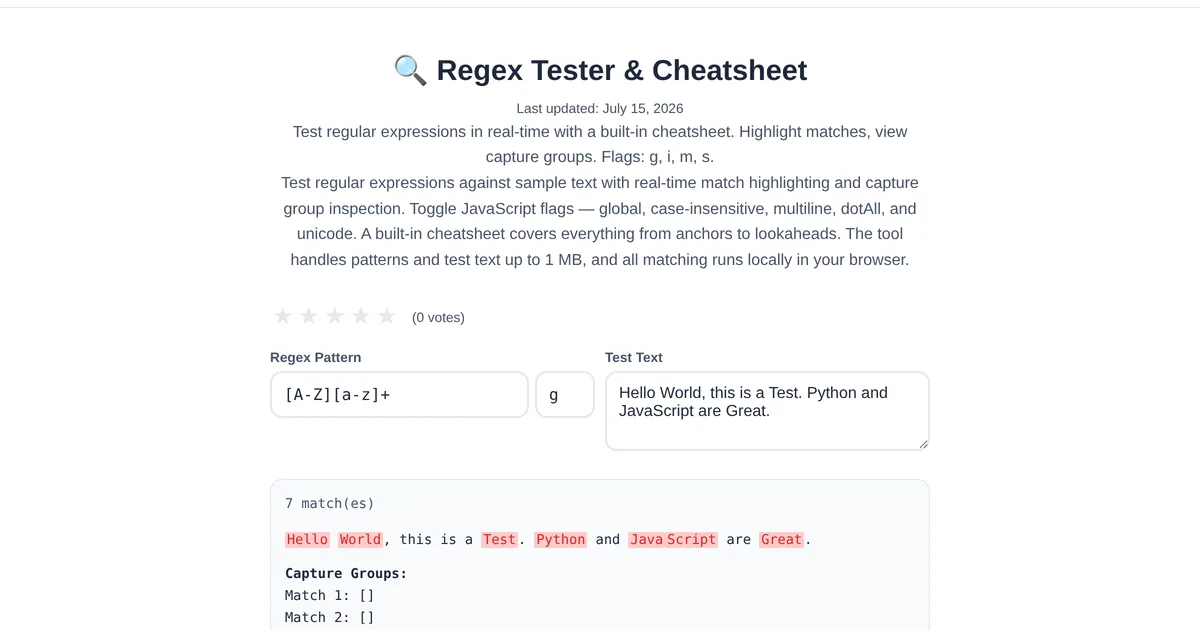 Regex Tester โ free online tool interface on ToolStand