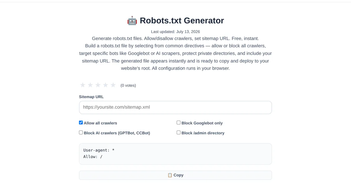 Robots.txt Generator tool interface with directive checkboxes and live robots.txt output