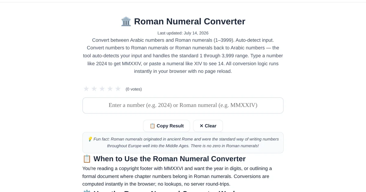 Roman Numeral Converter โ free online tool interface on ToolStand