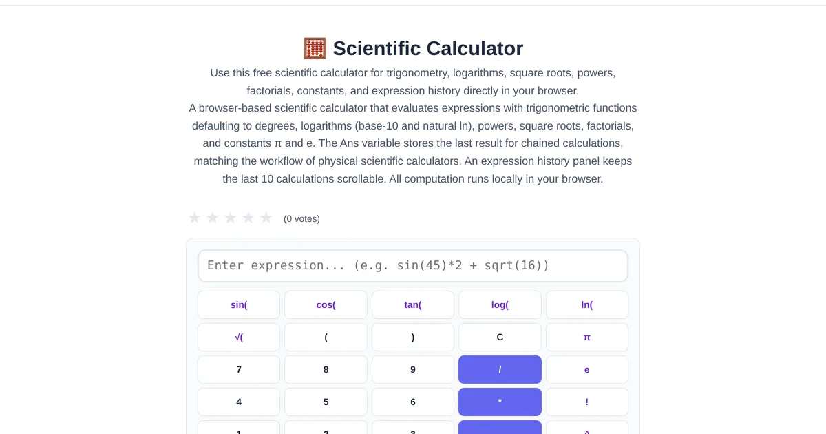 Scientific Calculator โ free online tool interface on ToolStand