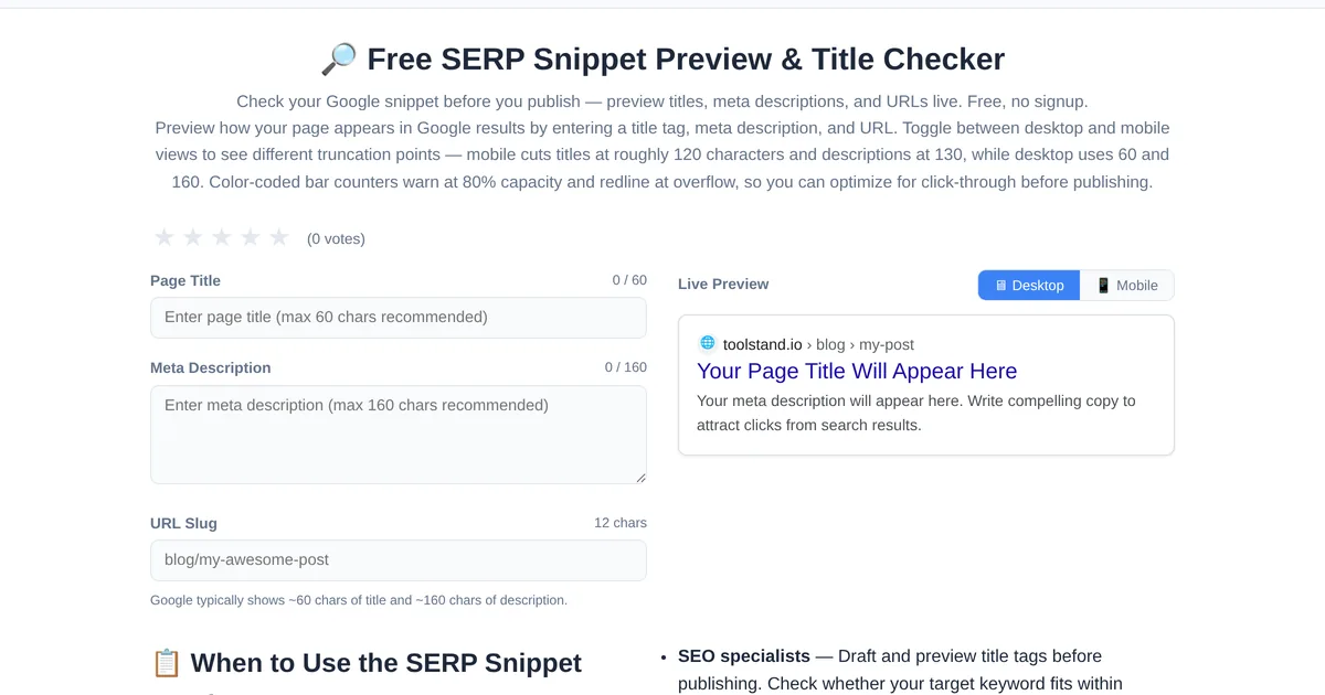 SERP Preview tool simulating a Google search result snippet
