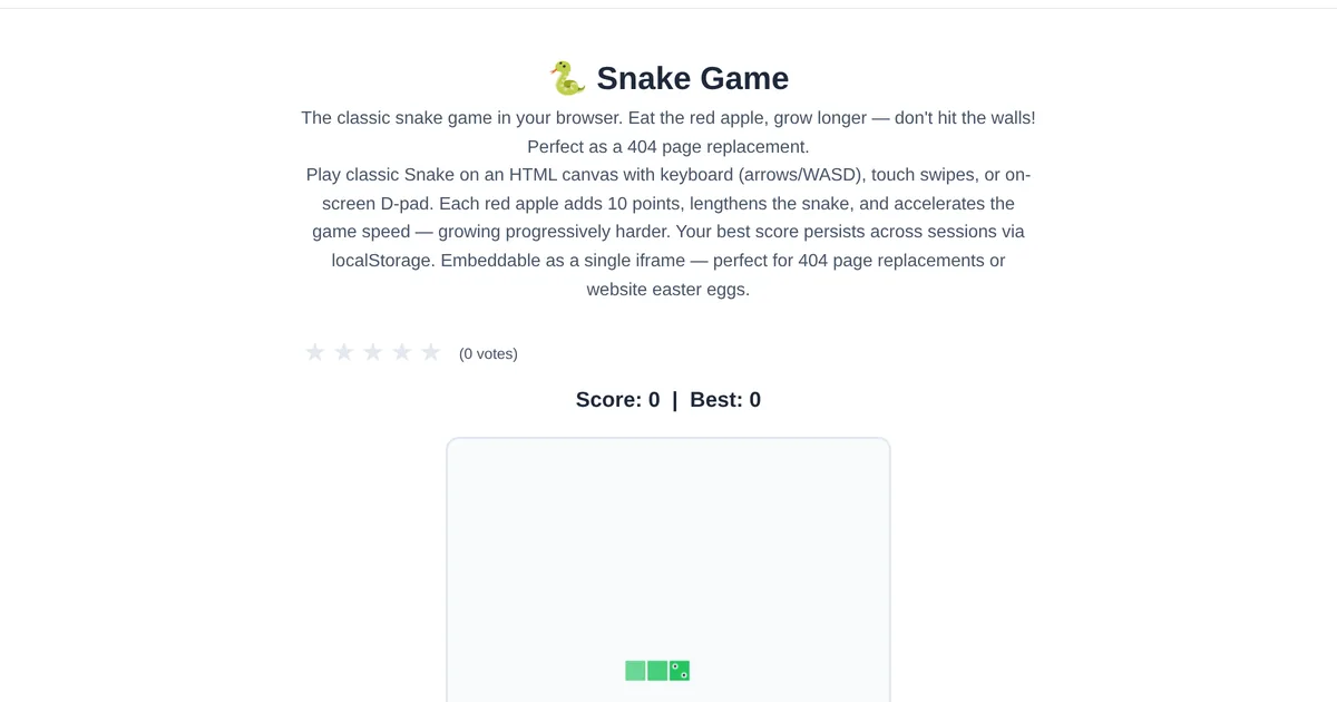 Snake Game — free online tool interface on ToolStand