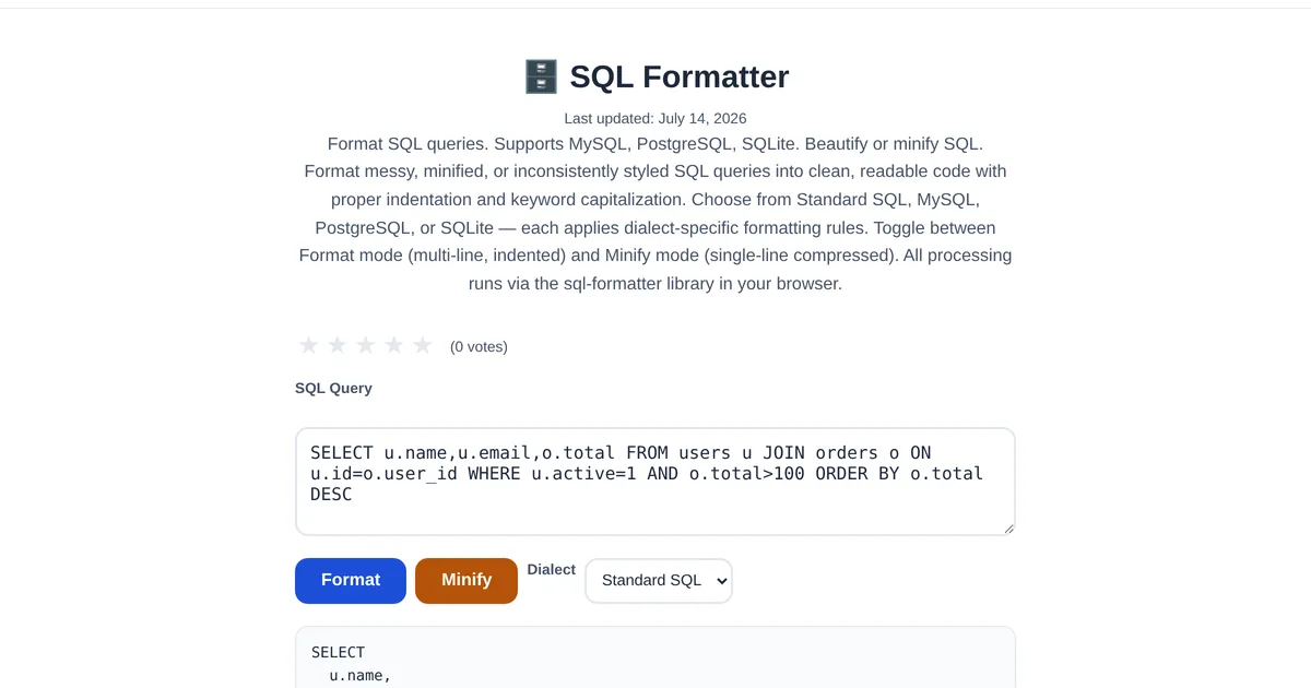 SQL Formatter — free online tool interface on ToolStand
