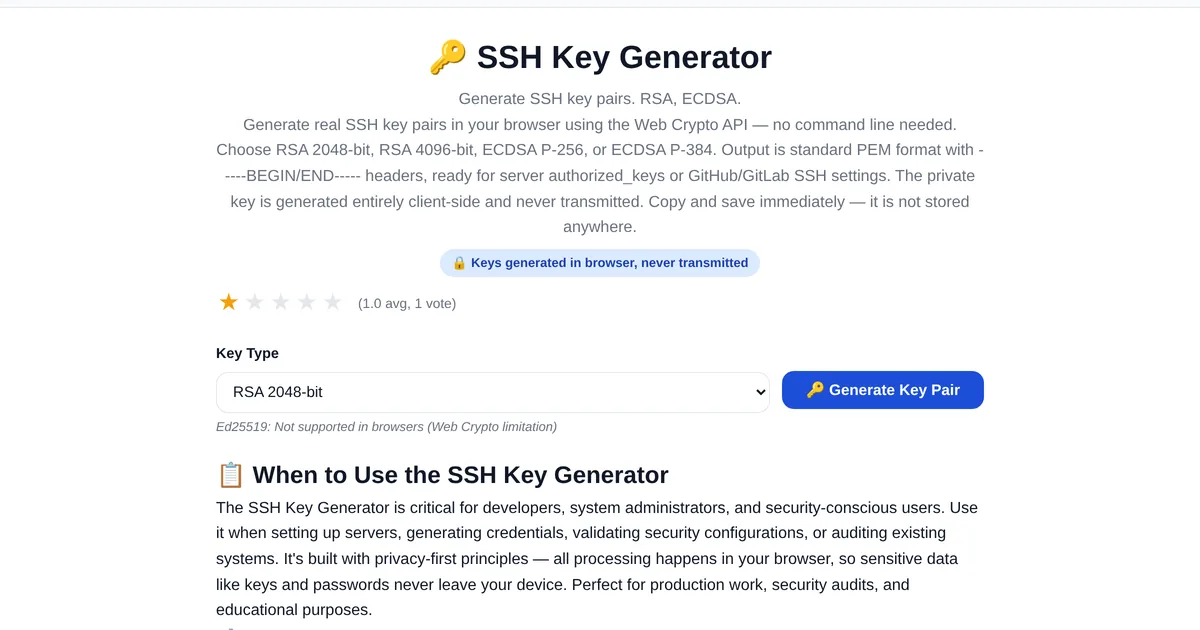 SSH Key Generator โ free online tool interface on ToolStand