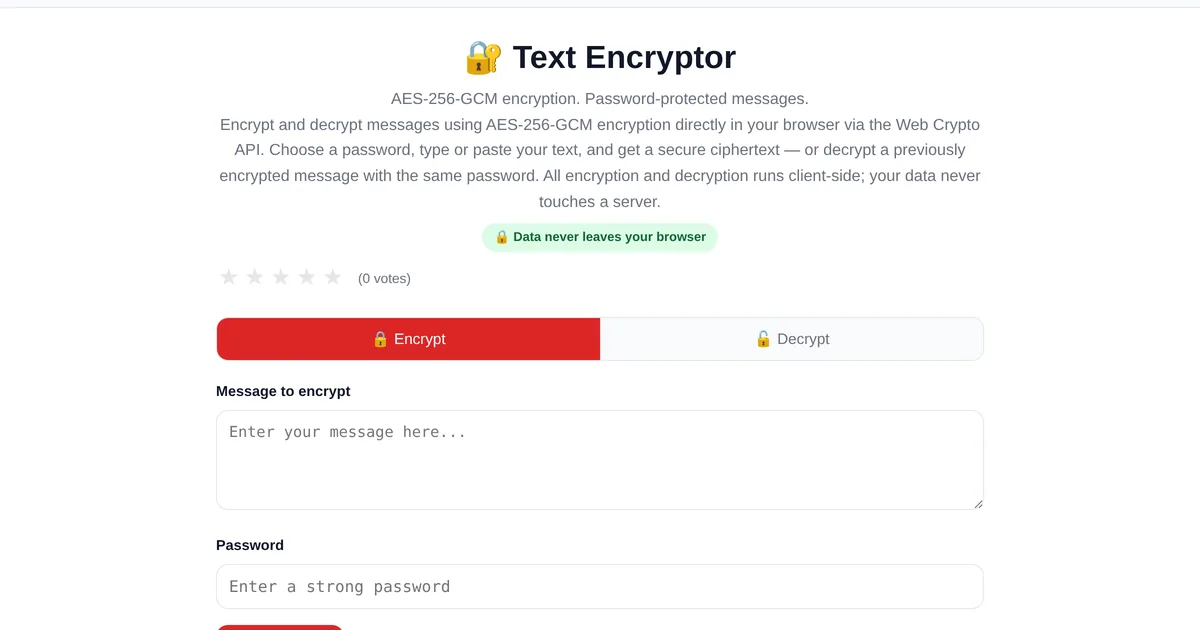 Text Encryptor / Decryptor — free online tool interface on ToolStand
