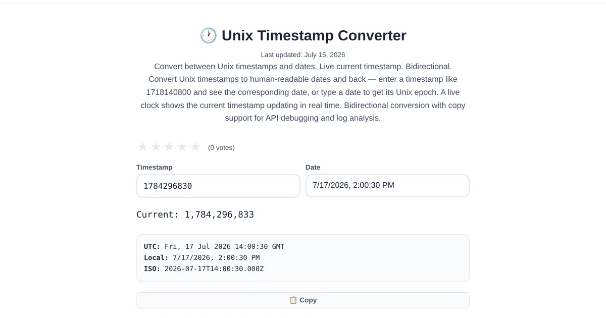 Unix Timestamp Converter — free online tool interface on ToolStand