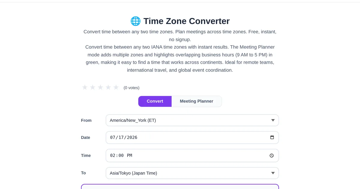 Time Zone Converter — free online tool interface on ToolStand