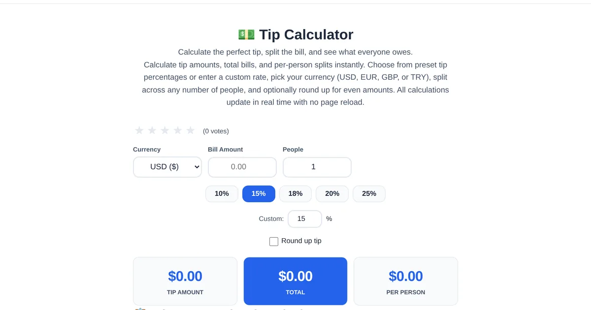 Tip Calculator โ free online tool interface on ToolStand