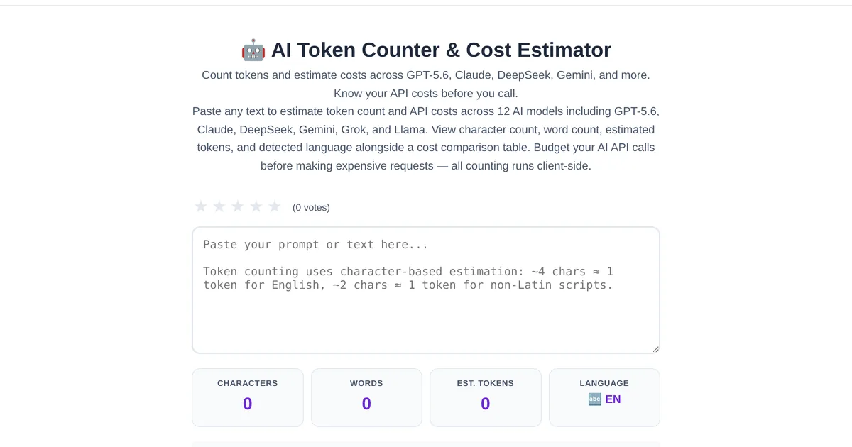 AI Token Counter & Cost Estimator — free online tool interface on ToolStand