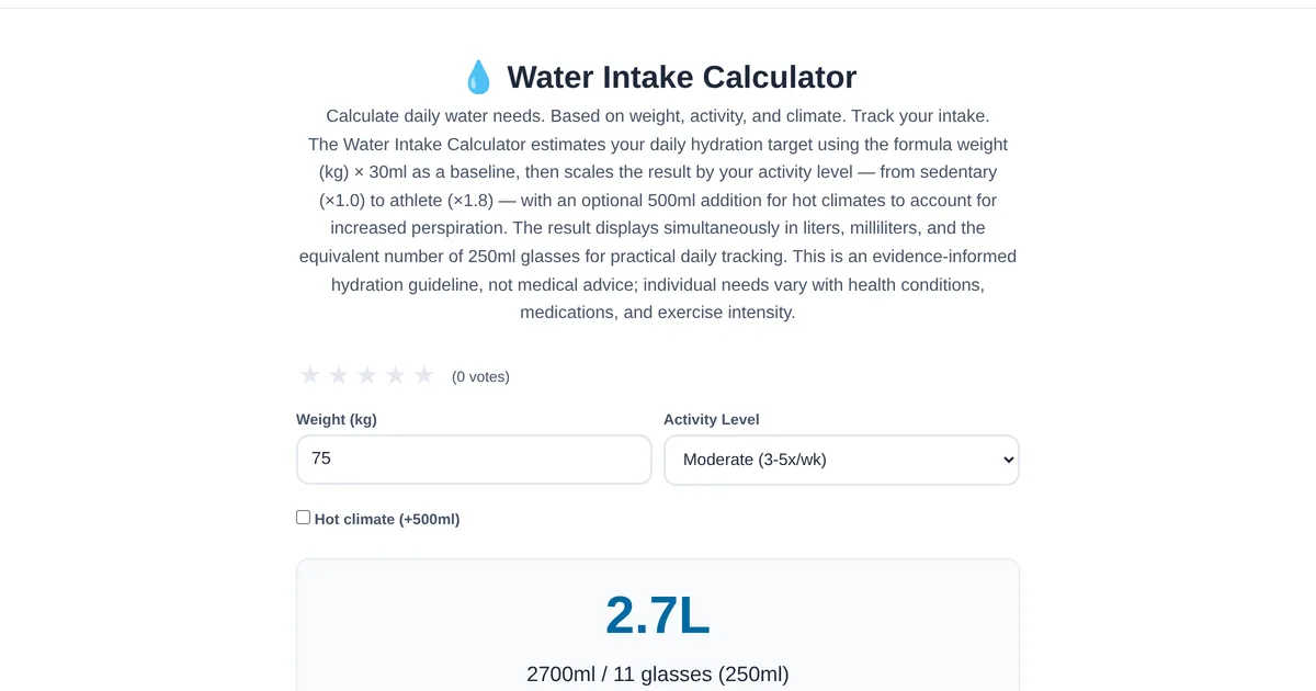 Water Intake Calculator — free online tool interface on ToolStand