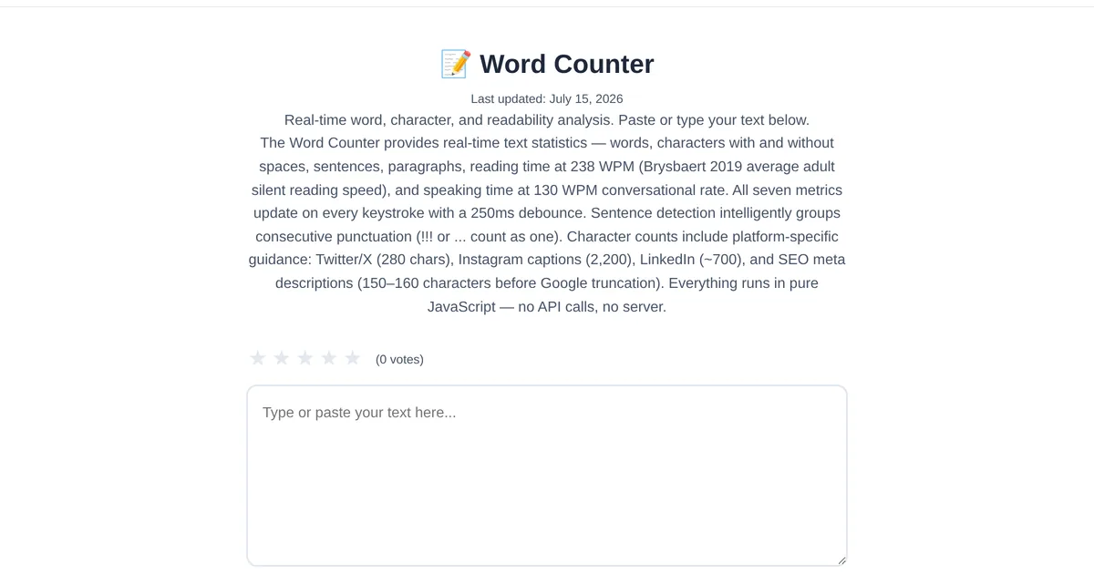 Word & Character Counter — free online tool interface on ToolStand