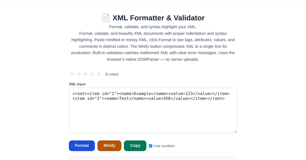 XML Formatter & Validator โ free online tool interface on ToolStand