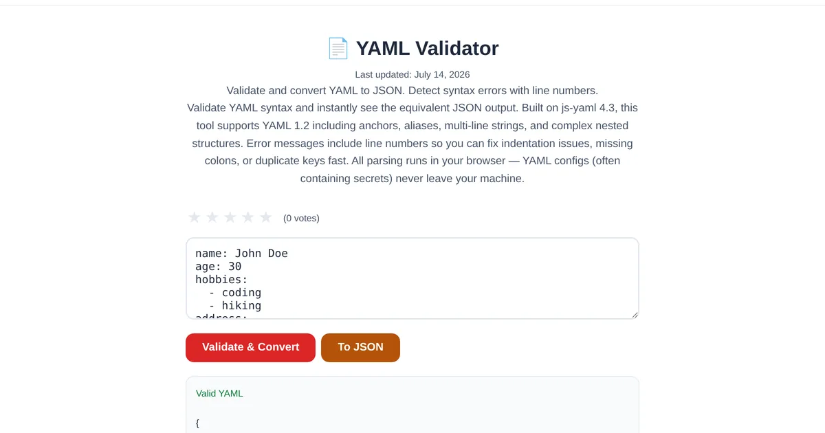 YAML Validator β free online tool interface on ToolStand